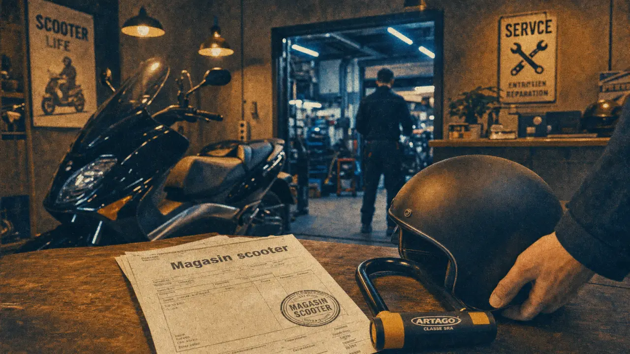 Magasin scooter : vue vitrine, neuf et atelier