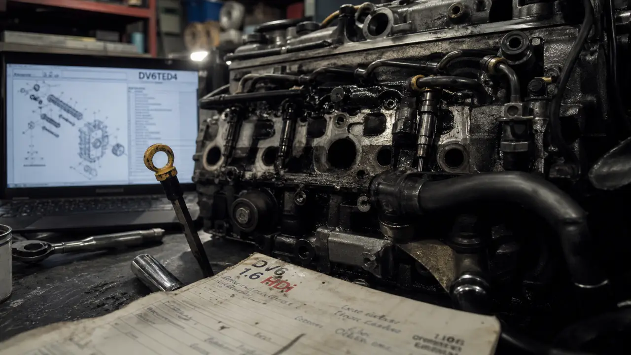 Moteur 1.6 HDi DV6 démonté en atelier, gros plan.