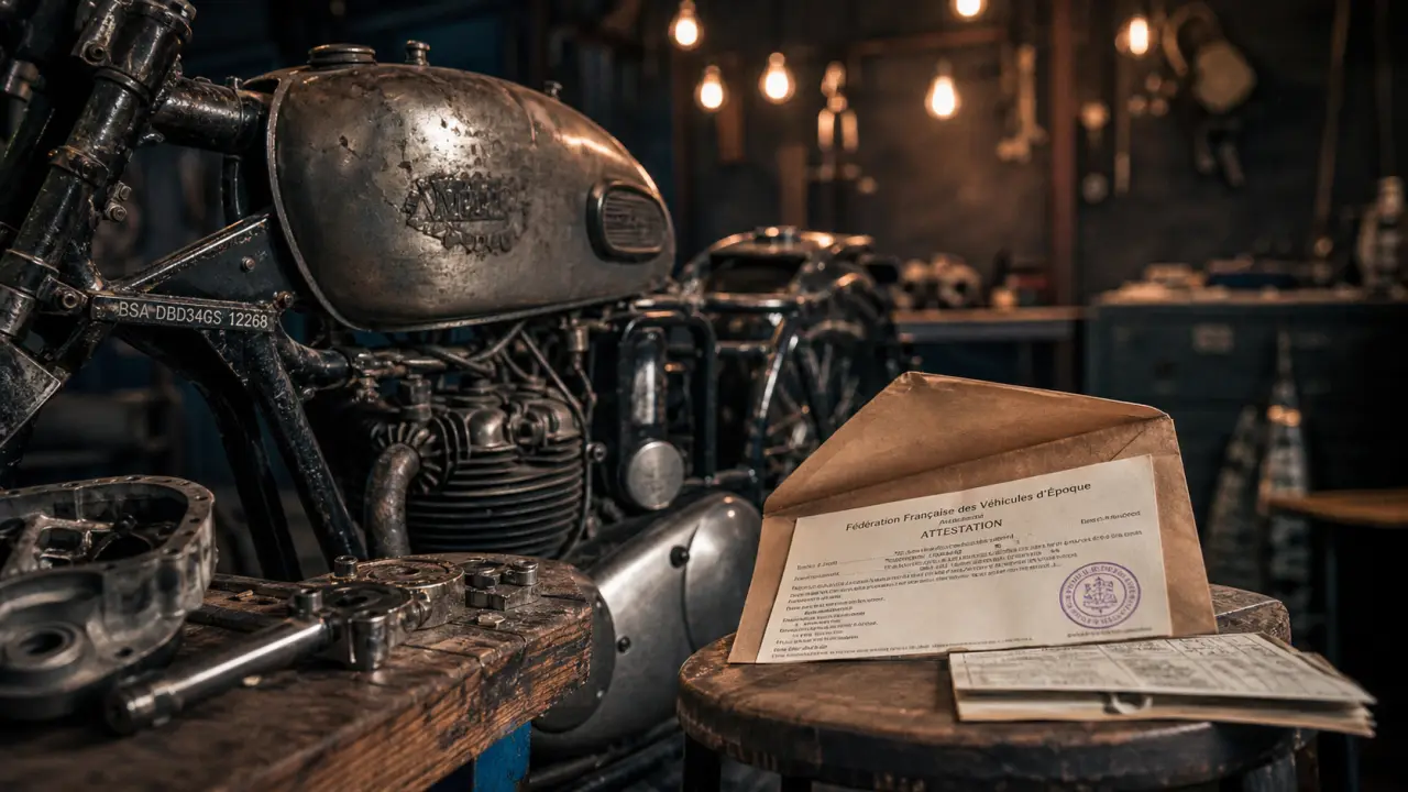 Moto de collection : attestation FFVE et carte grise collection sur documents visibles