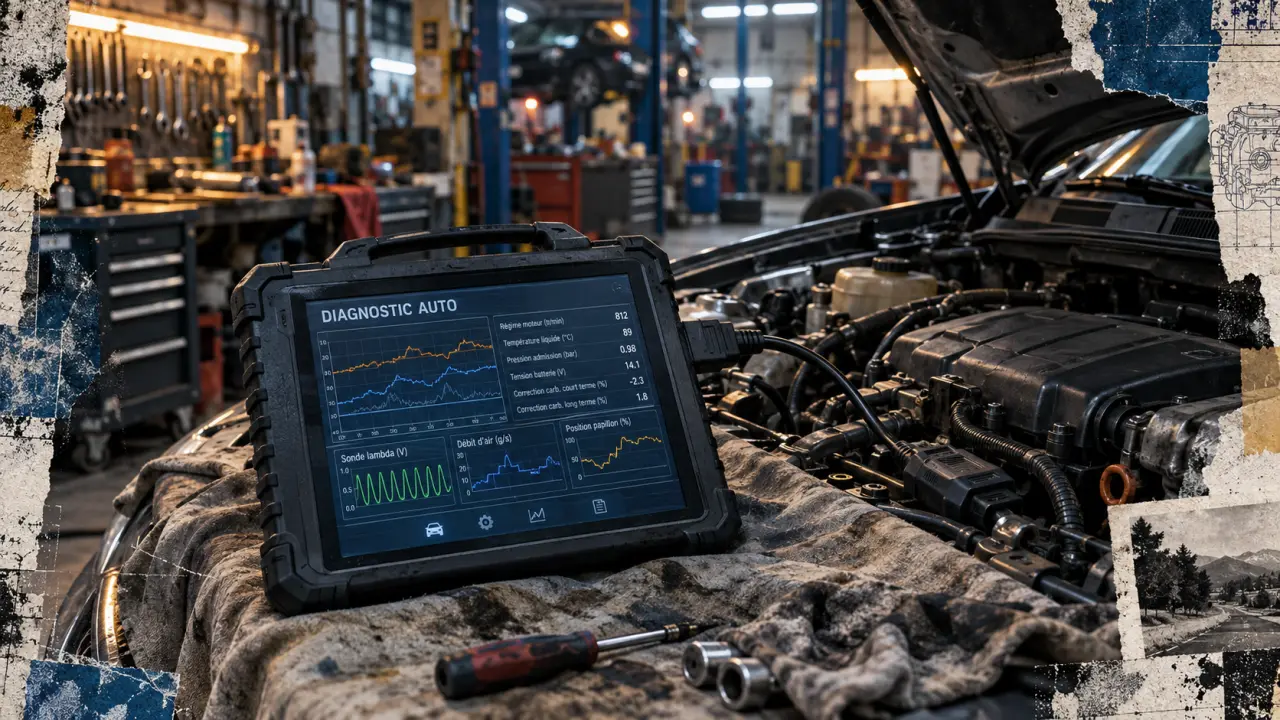 Automobile diagnostic : valise OBD-II sur capot ouvert