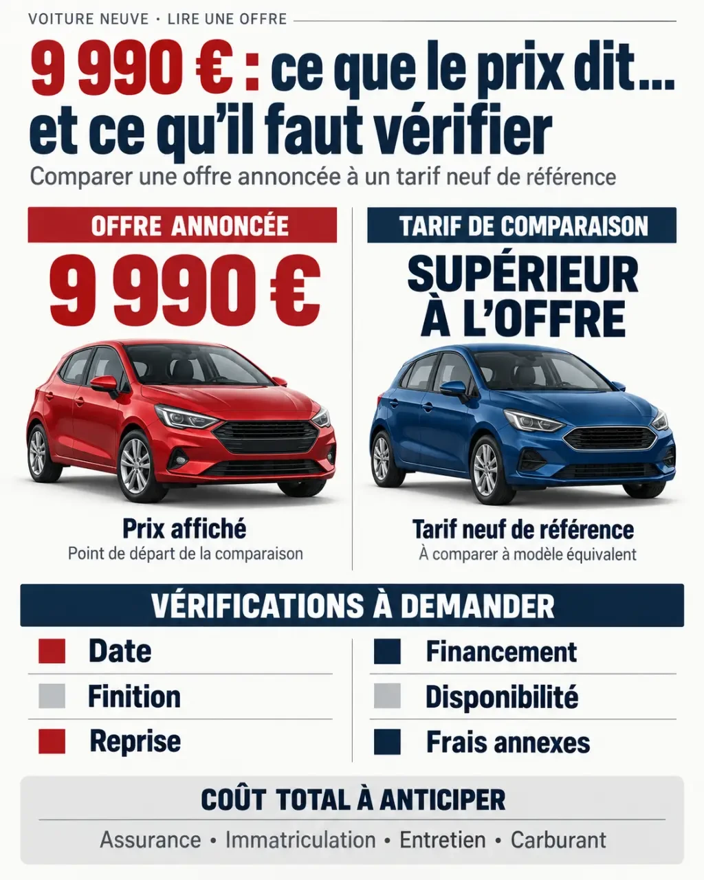 Infographie sur une voiture neuve moins de 10000 euros en 2024 : offre annoncée, tarif de comparaison et coûts annexes