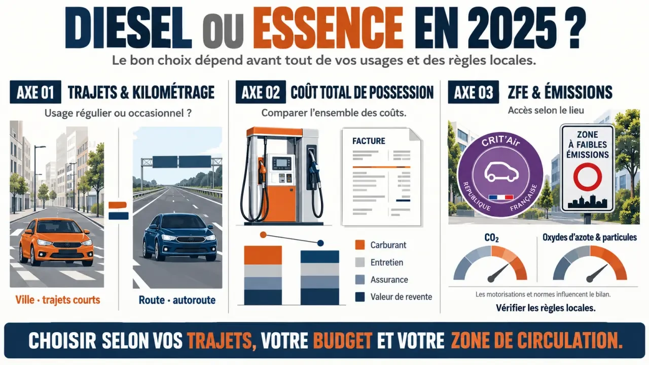 Infographie diesel ou essence en 2025 selon les trajets, le coût et les restrictions ZFE