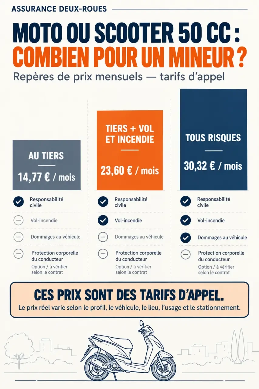 Infographie sur le prix d'une assurance moto 50cc pour mineur selon la formule