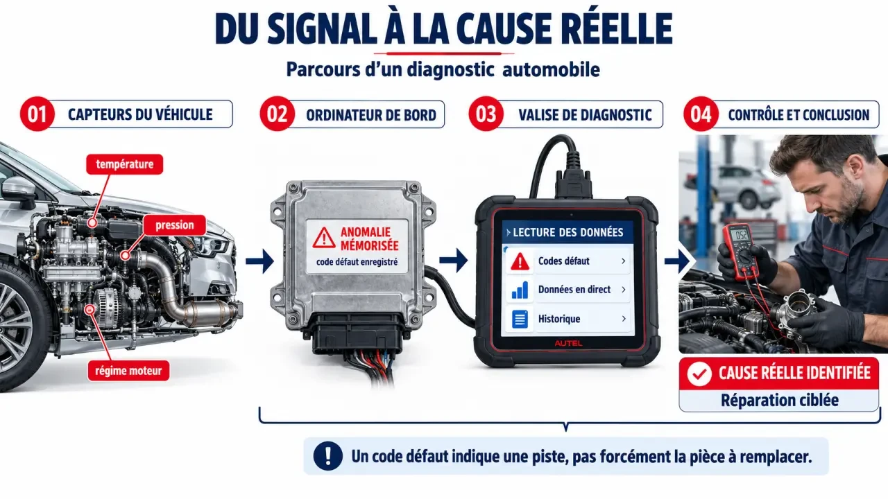 Schéma du parcours d’un diagnostic automobile, des capteurs à la recherche de panne