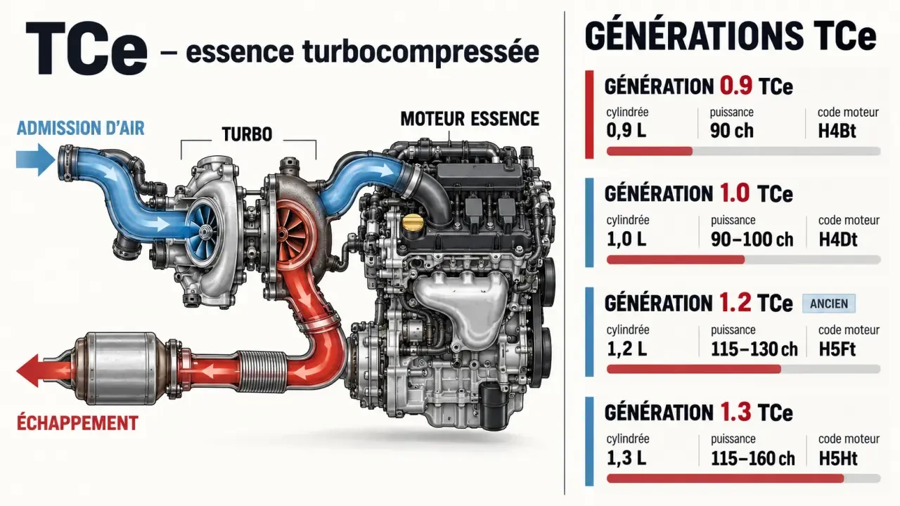 Infographie sur le fonctionnement et les générations d’un moteur TCe voiture