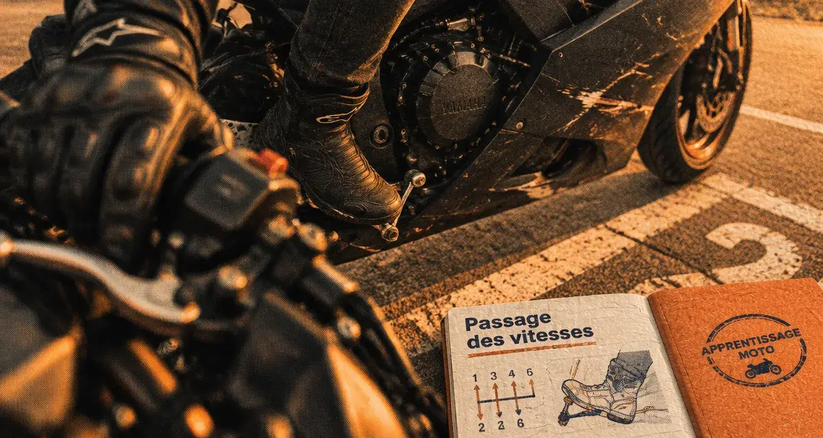 Passage vitesse moto : main et pied sur embrayage et sélecteur, sans à-coups