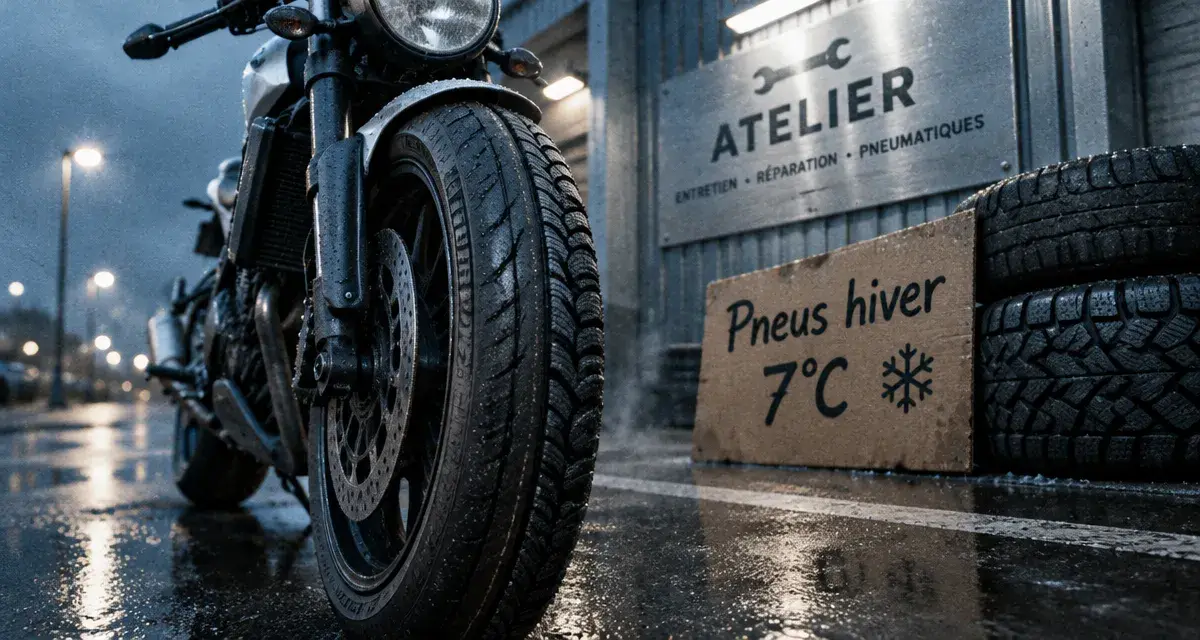 Pneus hiver moto sur parking mouillé, verglas sous 7°C