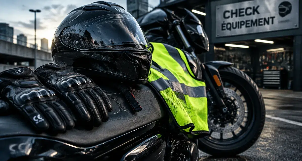 Sécurite moto : gants CE, casque intégral et gilet haute visibilité rétroréfléchissant