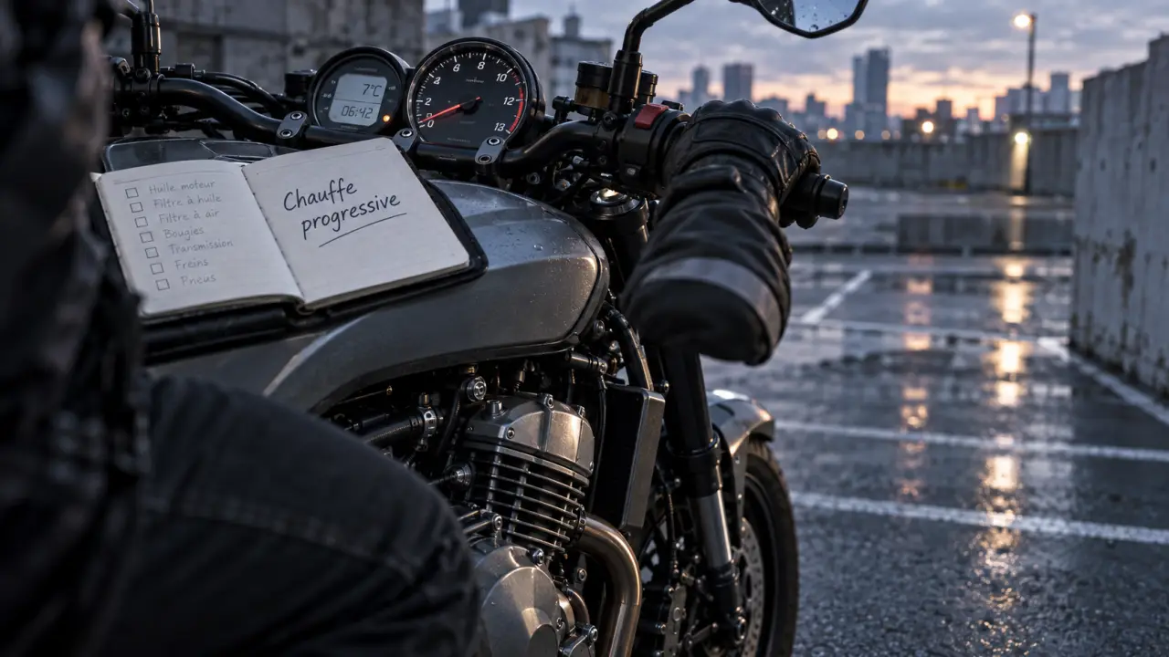 Temps de chauffe moto au départ : moto prête sur parking urbain
